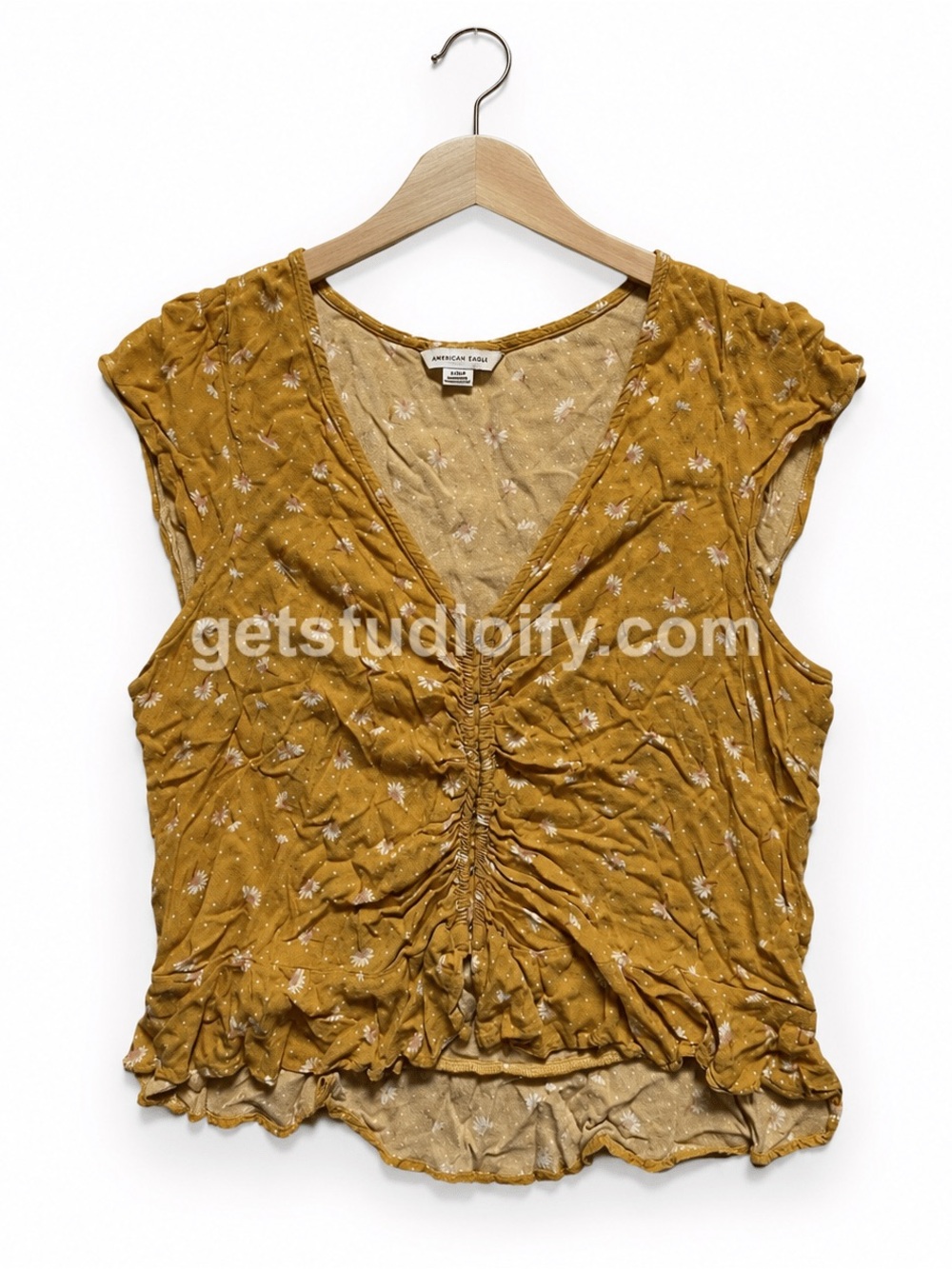 American Eagle Outfitters Yellow Ruched Cap Sleeve Blouse